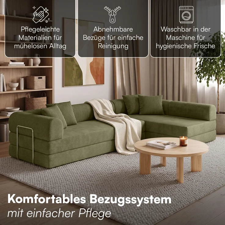 skølm 'Lofn' Modulares Sofa 4 Sitzer, 300x200 cm, Vollschaumcouch mit Metallgestell, Cord olivegrün, Schlafsofa vakuumverpackt, kein Aufbau erforderlich – Bild 6