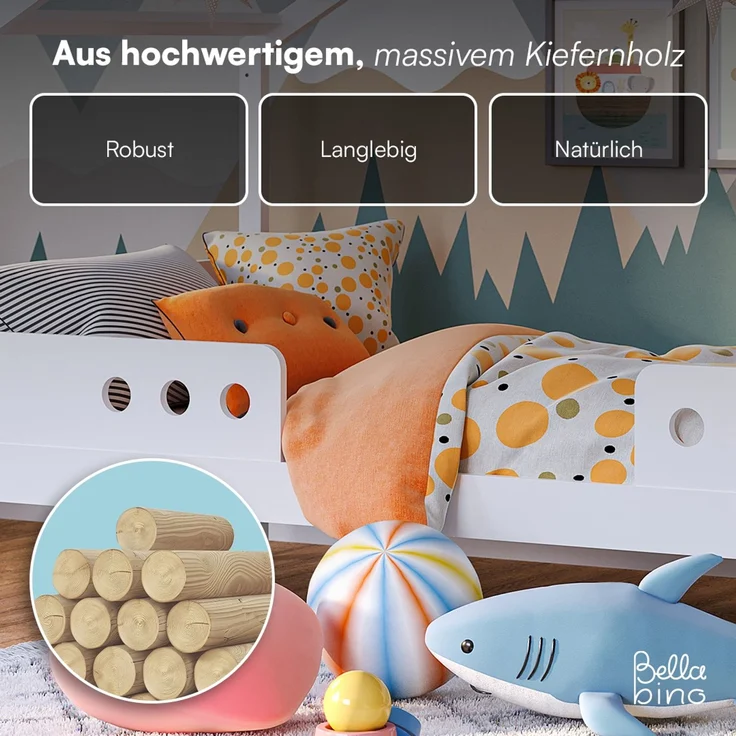Bellabino 'Bela' Hausbett 90x200 cm mit Matratze, weiß, Kiefer Massivholz, Montessori Kinderbett mit Rausfallschutz und Lattenrost – Bild 5
