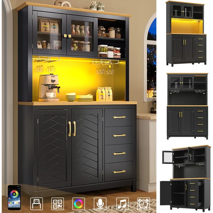 Buffetschrank 105,5x40x180 cm mit Schubladen und App-gesteuerter LED-Lichtleiste – Schwarz