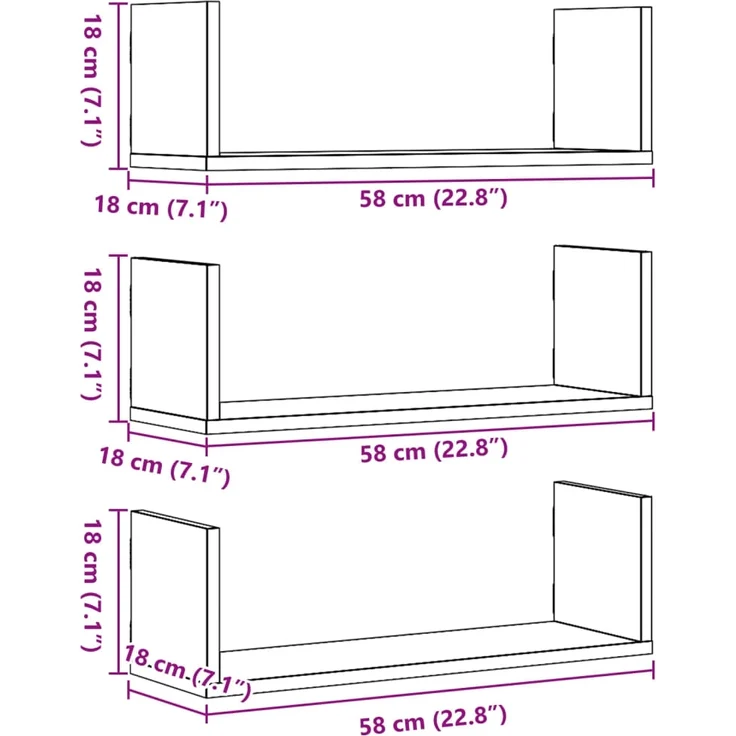 vidaXL Wandregale 3 Stk. Schwarz 58x18x18 cm Holzwerkstoff 853282 – Bild 9