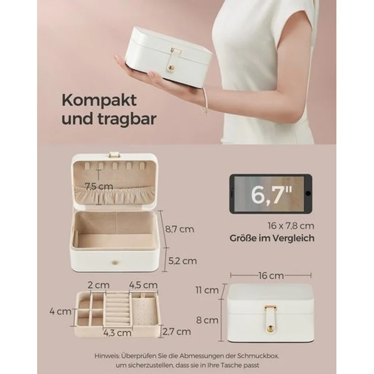 SONGMICS Schmuckkästchen Reise, Schmuckkasten klein, 2 Ebenen Schmuckaufbewahrung, tragbar, Schmuck-Reiseetui, für größere Accessoires, 11 x 16 x 8 cm, Geschenkidee, Weihnachten, wolkenweiß JBC166W01 – Bild 2
