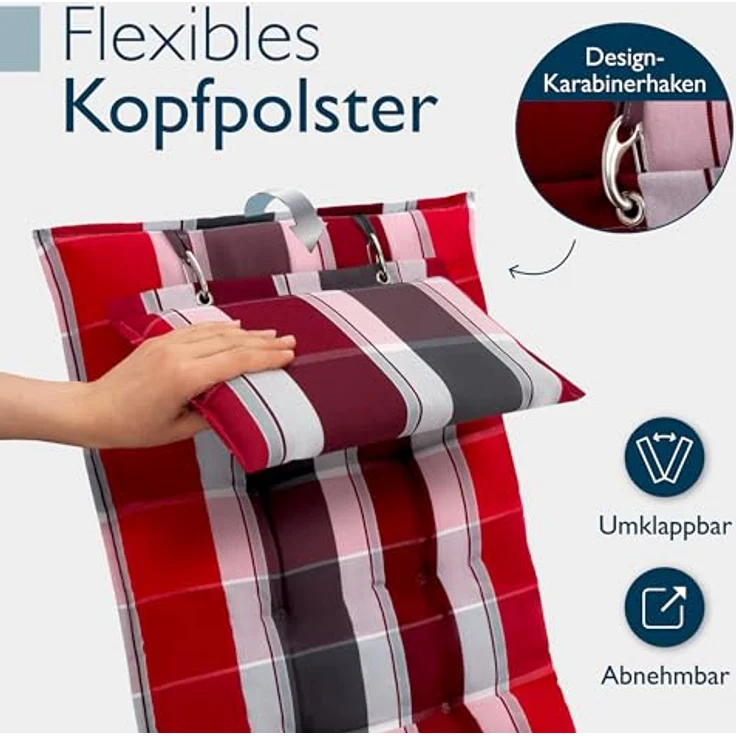 Beautissu Hochlehnerauflage 2er Set Sun-HL, 120x50x8cm, Rot-Anthrazit-Gestreift, mit Kopfpolster, rutschfest und robust, UV 5 Schutz – Bild 6