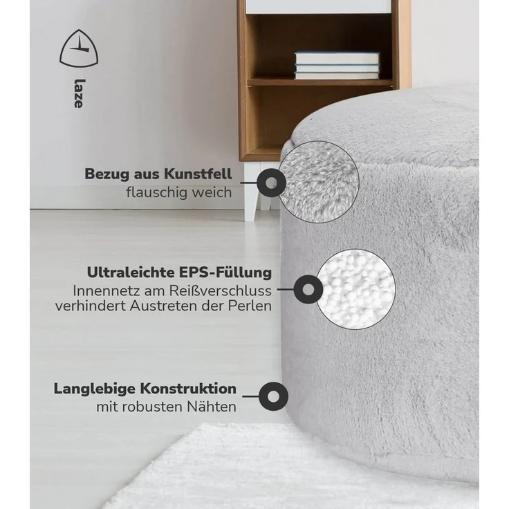 mokebo Pouf Der Flauschige (aus Kunstfell), kuscheliger Sitzhocker, Fußhocker oder Hocker in Felloptik in Grau – Bild 3