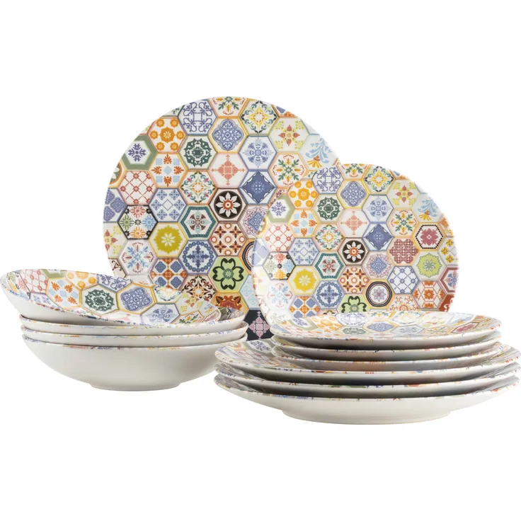 12-teiliges Tafelservice für 4 Personen mit besonderem Fliesendekor, Teller Set aus Suppentellern, Speisetellern und Desserttellern mit buntem Ornament-Dekor