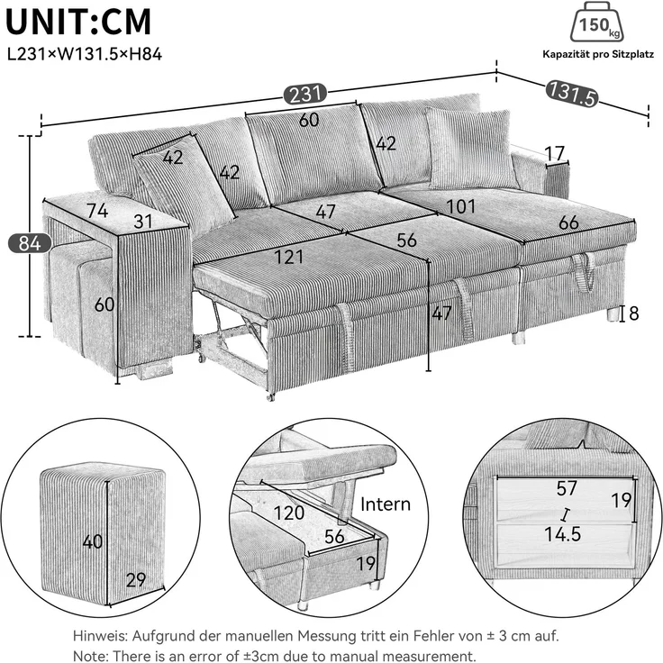 Schlafsofa 231×131,5×84 cm mit Schlaffunktion, Stauraum und USB/Typ-C Cordstoff Grau, modulare L‑Form – Bild 10