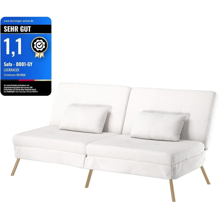 COMHOMA Schlafsofa mit Schlaffunktion, Sofa überzug Futon Klappsofa, Bettcouch, ecksofa, Couch Gästebett, 3-Sitzer Sofa, mit verstellbare Rückenlehne aus Teddystoff Weiß – Bild 1