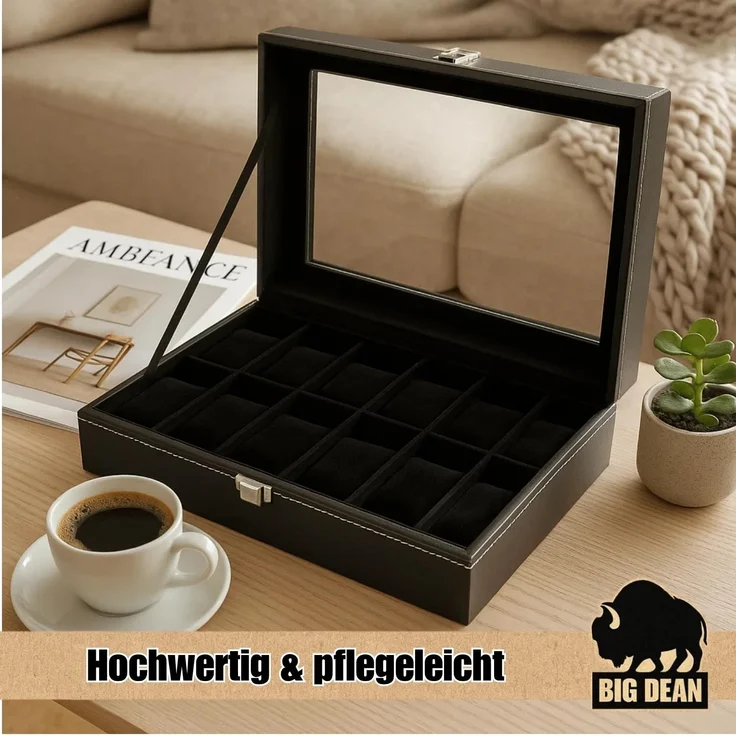 BigDean Uhrenbox für 12 Uhren Glasdeckel - schicke Uhrenbox Herren Watch Box (Packung, 1 St, Uhrenbox), Edle Optik, Kunstleder, Sammler, Samtfutter – Bild 7