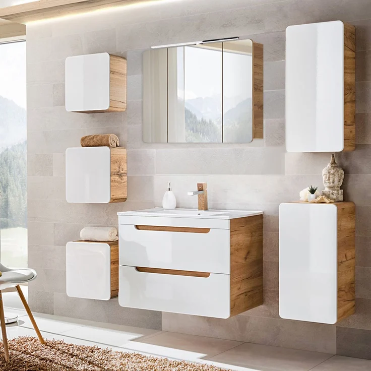 Badezimmer Set 7-tlg in Hochglanz weiß mit Wotan Eiche Nb. LUTON-56 mit LED-Spiegelschrank, B/H/T ca. 180/200/46 cm – Bild 1