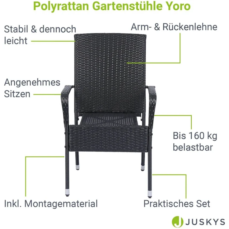 Juskys Polyrattan Gartenstühle Yoro 4er Set - mit Armlehnen & Rückenlehne - 4 Stühle stapelbar - Rattan Stuhl Garten - Stapelstuhl Schwarz – Bild 2