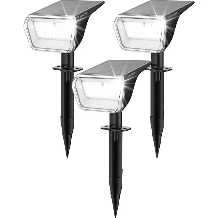 Linkind 60 Led Solarstrahler für außen Garten 800Lm, 6500K Tageslicht Gartenlampe mit Lade-Anzeige, 135°einstellbar Baumstrahler mit S-klasse Batterie, IP67 wetterfest Solar Baumbeleuchtung, 3 Stück