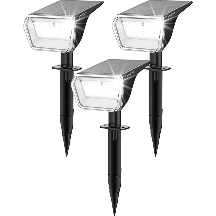 Linkind 60 Led Solarstrahler für außen Garten 800Lm, 6500K Tageslicht Gartenlampe mit Lade-Anzeige, 135°einstellbar Baumstrahler mit S-klasse Batterie, IP67 wetterfest Solar Baumbeleuchtung, 3 Stück