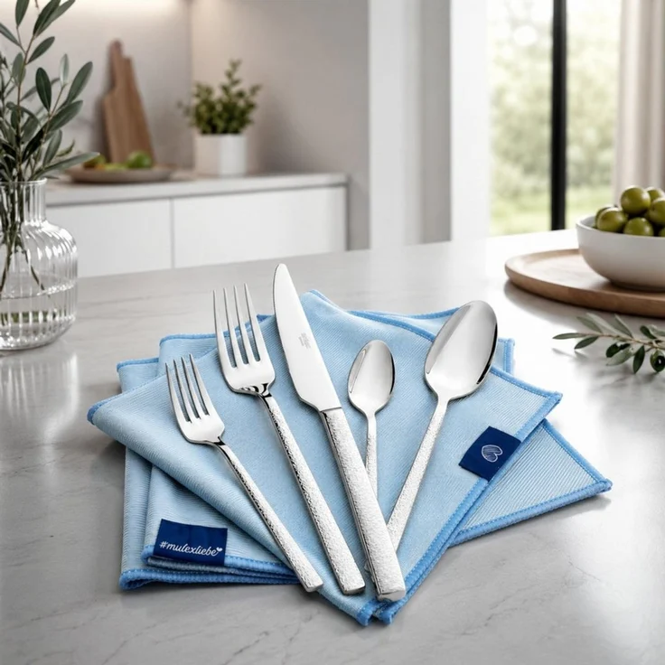 Mulex Besteck-Set Genua, Besteckset mit 3 Multifunktionstüchern (63-tlg), 12 Personen, Edelstahl 18/0, Kratzfestes Besteck mit edlem Design und angenehmer Haptik – Bild 4