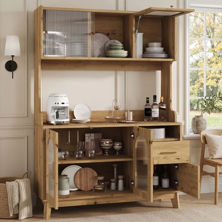 Buffetschränke, Esszimmer-Hochschrank 120*40*178 cm, mehrstufigem Stauraum, integrierter Steckdose sowie USB-C- und USB-A-Anschlüssen, Holzfarbe – Bild 3