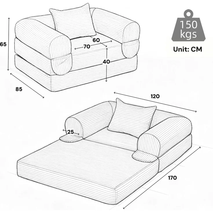 Rayofly-Cord Einzel-Schlafsofa umwandelbar, multifunktionales Klappsofa-Bett, platzsparendes Gästebett, Grau, H 65cm x T 120cm x B 85cm – Bild 4