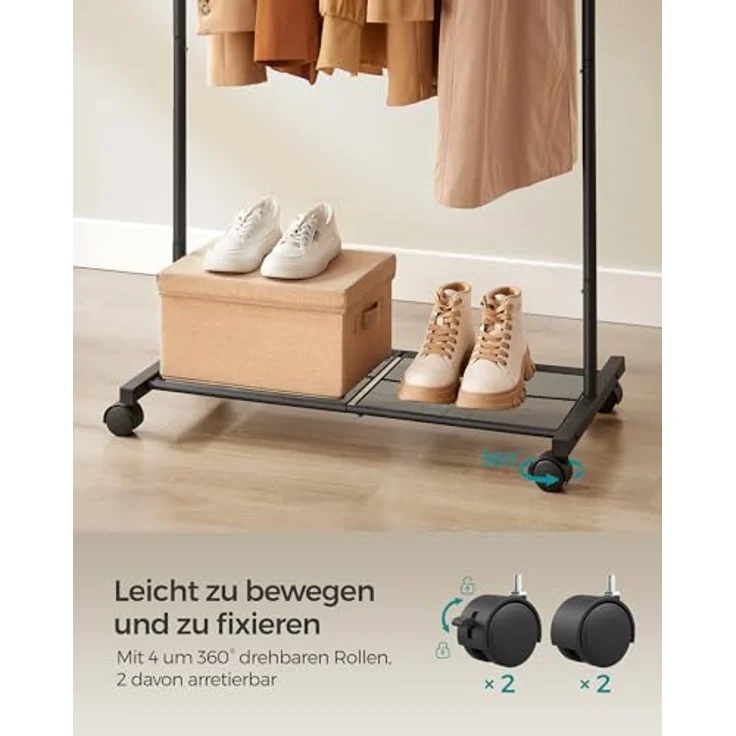 Songmics Kleiderständer, Kleiderstange auf Rollen, Garderobenständer 74 cm breit, Rollgarderobe mit Gitterablage, bis 35 kg belastbar, 2 Rollen arretierbar, Stahlrahmen, schwarz HSR130B01 – Bild 6