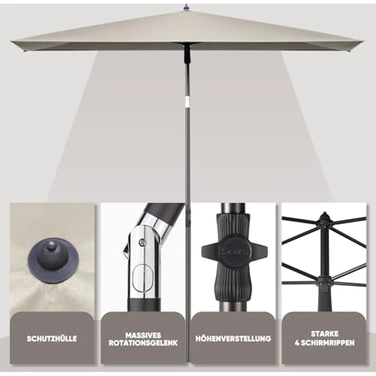 Sekey 210 × 140 cm Sonnenschirm mit Schutzhülle, Balkonschirm Gartenschirm Terrassenschirm, Sonnenschutz UPF50+, Kippbar, Höhenverstellbar, Rechteckig – Bild 6