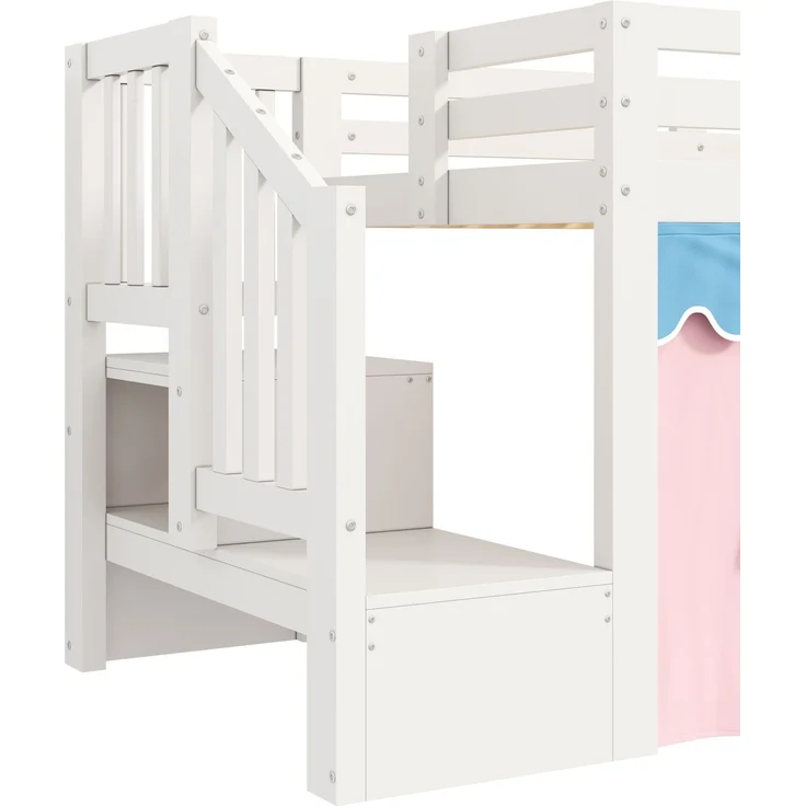 Halbhohes Bett 90x200 cm aus Kiefernholz und MDF mit LED-Lichtleiste, Vorhängen und Leiterschrank – Ohne Matratze – Bild 10