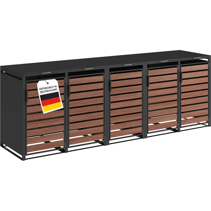 STEELSØN 'Kestra' Mülltonnenbox 5er je 240 Liter, graphitschwarz mit Nußbaum-Holzoptik, Mülltonnenverkleidung aus Stahl, wetterfest, 116x80x337 cm, Müllbox für 5 Tonnen – Bild 1