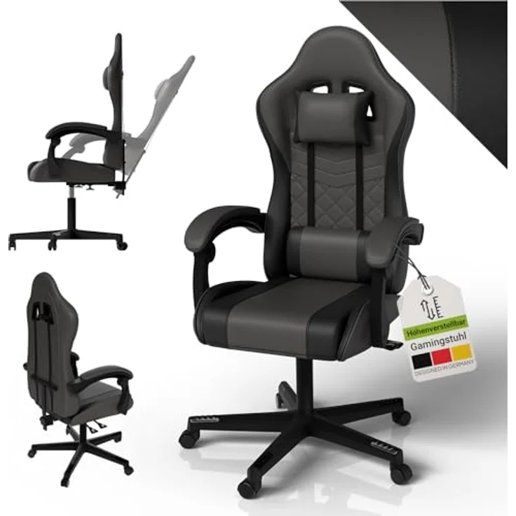 Juskys Gamingstuhl HyperSeat, verstellbare Rückenlehne, höhenverstellbarer Drehstuhl, Kunstleder, ergonomisch, für Büro & Gaming Setup – Grau/schwarz – Bild 2
