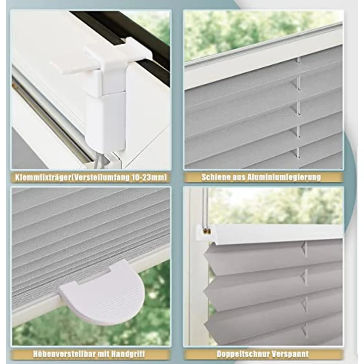 Buseu Plissee Klemmfix 80x120cm (BxH), Lichtdurchlässige Jalousie ohne Bohren in Hellgrau, Faltrollo für Fenster & Tür mit Easyfix Montage – Bild 4