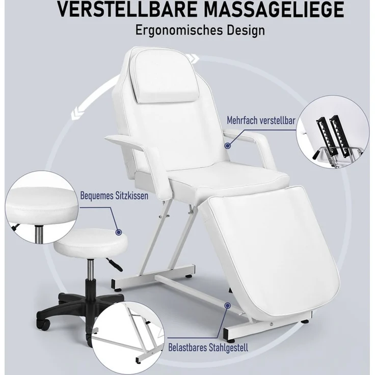 HOME NATURE WOHNKONZEPT Kosmetikliege mit Rollhocker, klappbare 3-Zonen Massageliege für Beauty, Spa, Tattoo & Salon, 182 x 81 x 74 cm, Weiß – Bild 3