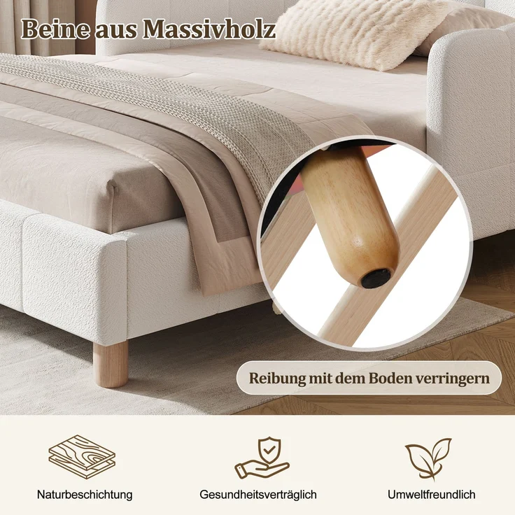 Merax Polsterbett, Einzelbett, Kinderbett 90x200 cm, Bett mit und gepolstertes Kopfteil und Rausfallschutz, Bettbeine aus Massivholz, bouclé, beige – Bild 7