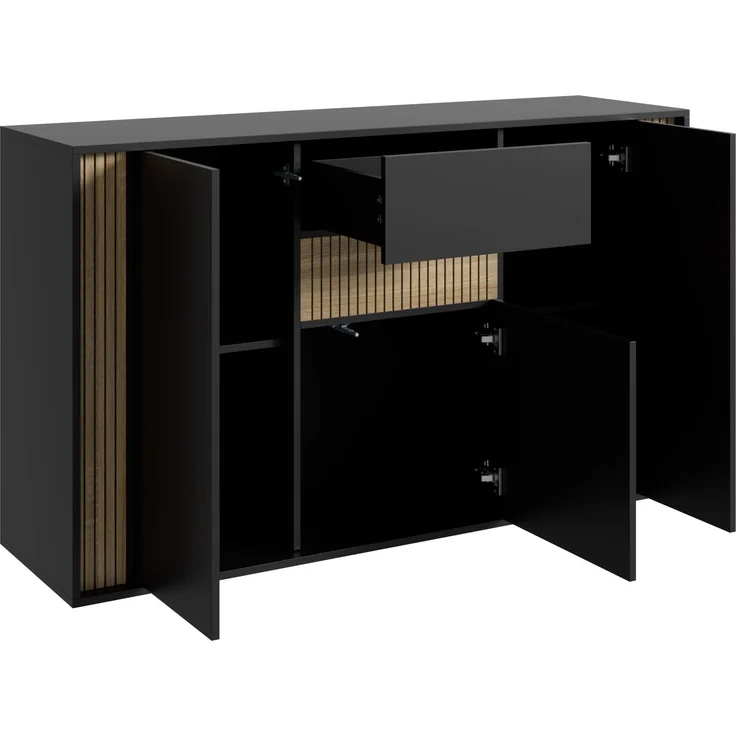 DESVIAE Sideboard Schwarz/Natur aus Spanplatte – 140x82x40 cm – 3 Türen, Schublade, LED-Beleuchtung – Bild 8