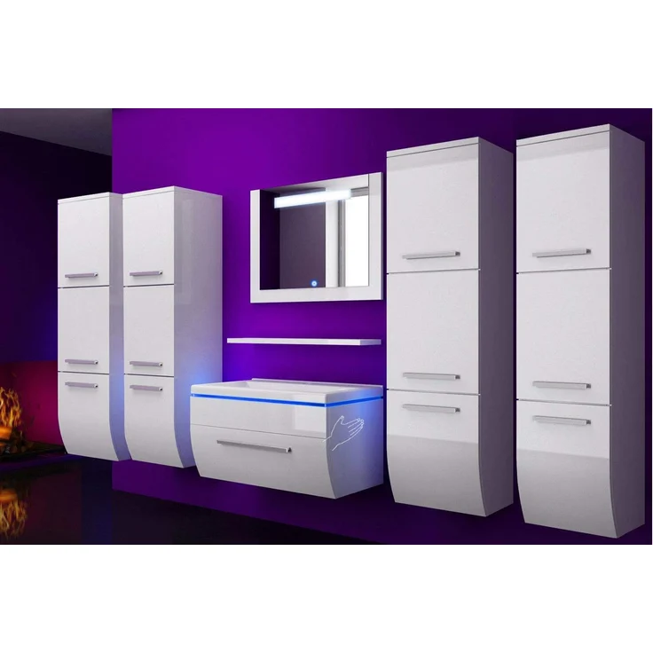 Homeline Modern Badmöbel Set Weiss 190 cm Hochglanz Waschbecken Spiegel Komplett Bad Led System – Bild 1