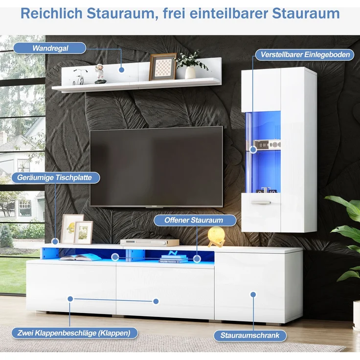 TV-Wohnwand 3-teilig 180x40x45 cm, Weiß Hochglanz mit LED, Vitrine und Wandregal – Bild 8