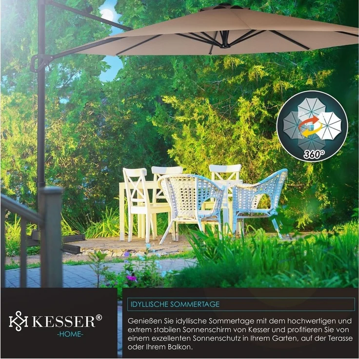 KESSER® Sonnenschirm Ampelschirm SUN Rund XL Ø330 cm Inkl. Abdeckung + Windsicherung 7-Fach Verstellbar Drehbar Neigbar Kippbar Groß 360° Drehbar Gartenschirm mit Kurbel Sonnenschutz UV50+ Taupe, Ohne LED – Bild 2