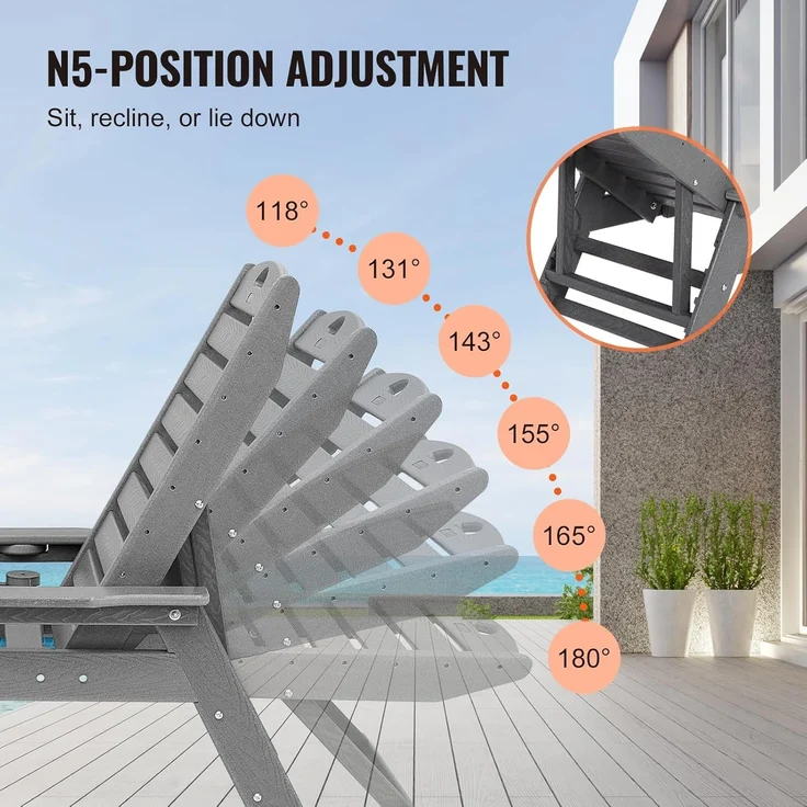 VEVOR Sonnenliege, 181 kg Tragkraft, HDPE Gartenliege, Strandliege mit 6-Fach Verstellbarer Rückenlehne, Armlehne, Getränkehalter, Balkonliege, Terrassenliege für Pool, Terrasse, Patio, Rasen, Grau – Bild 5