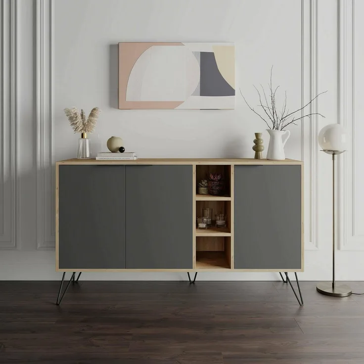 Dmora - Kommode Perseus, Wohnzimmerbuffet, Wohnzimmer-Sideboard, Moderne Küchen-Speisekammer, 142x36h83 cm, Eiche und Anthrazit