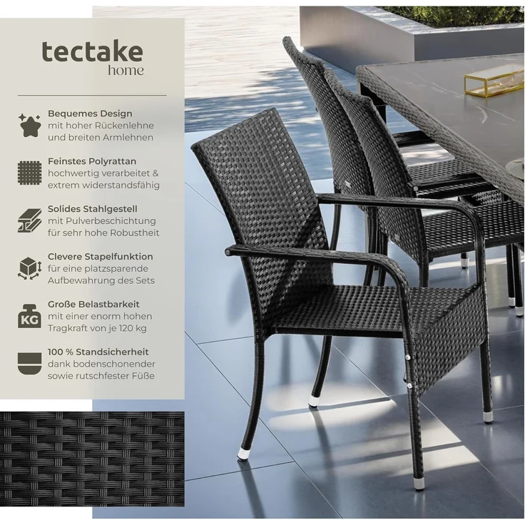 tectake Rattanstuhl Gartenstuhl Girona, stapelbar, Belastbarkeit 120 kg, 58 x 67 x 90 cm (Set, 8 St), Pulverbeschichtetes Stahlgestell für enorme Stabilität – Bild 3
