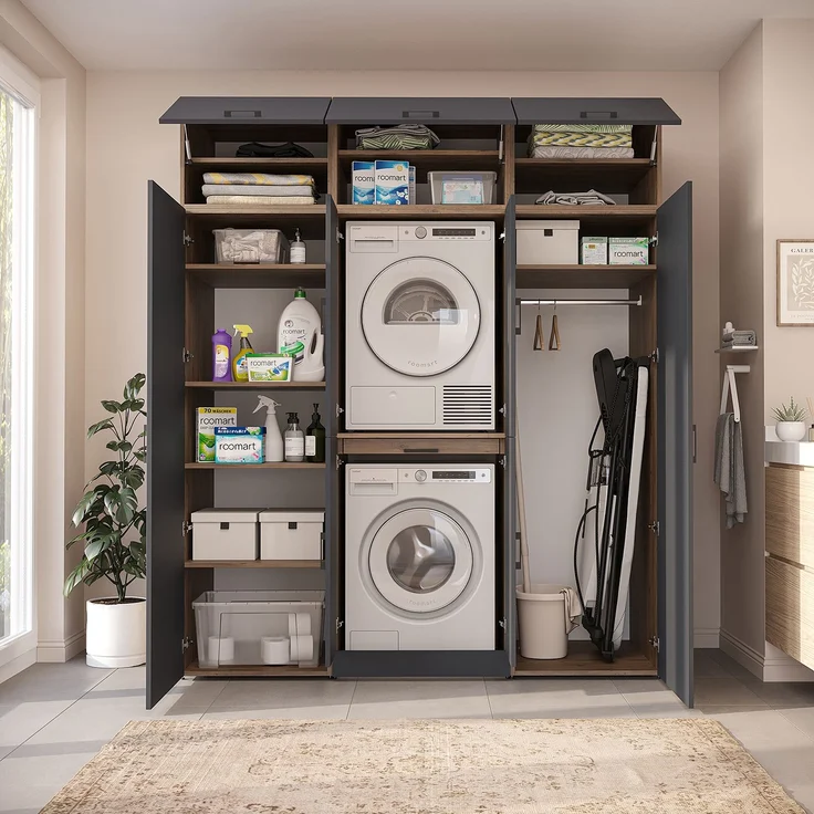 Roomart Waschmaschinenschrank - DORA-I- 190 cm breit - Wasch- & Trocknerschrank mit 2 Hochschränken, Türen & Ausziehbrett, Waschmaschinen-Überbau für Waschküche & Hauswirtschaftsraum • Anthrazit-Eiche – Bild 4