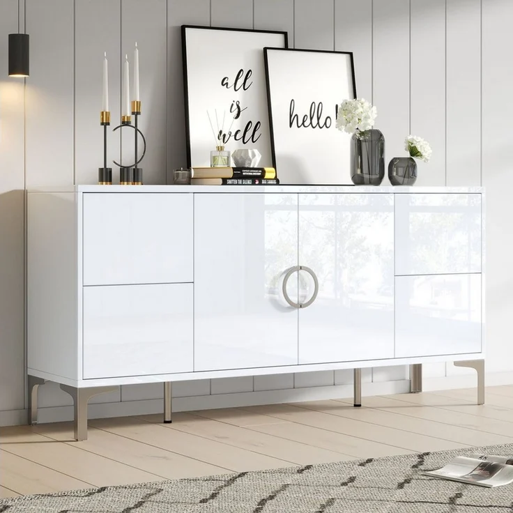 MODFU Sideboard in Hochglanz Weiß mit 4 grifflosen Schubladen (Packung, 1 St, Vielseitig als Esszimmerschrank oder schlichte Kommode nutzbar), 150x59,5x38 cm, stabil auf schlanken Metallstützfüßen – Bild 5