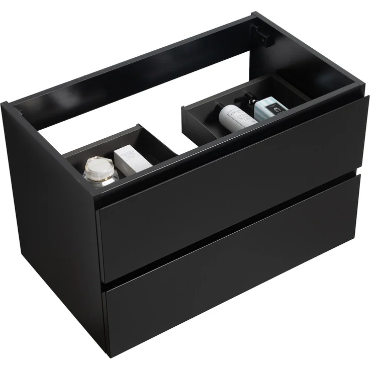 Badplaats Waschbeckenunterschrank Angela 80 x 48 cm Schwarz Matt - Hängender Badezimmerschrank mit 2 Schubladen, Vormontiert und mit Soft-Close – Bild 4