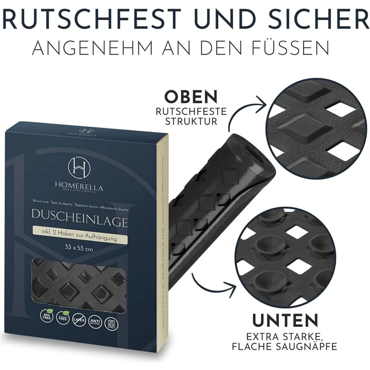 Homerella Duschmatte rutschfest - 100% BPA frei - Inkl. 2 Haken zum Aufhängen 53x53cm, Antirutschmatte Dusche hautsensitiv & schimmelresistent, - Duscheinlage maschinenwaschbar – Bild 3