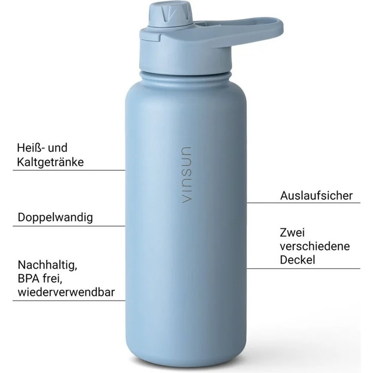 Vinsun Isolierflasche Edelstahl Trinkflasche 750ml Strohhalm - 2 Deckel Thermoflasche, BPA frei, doppelwandig, auslaufsicher, bruchsicher, geruchsneutral – Bild 2