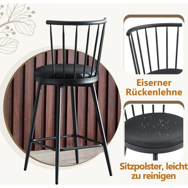 Barhocker aus Metall mit Kunstleder-Polsterung im Windsor-Stil, 1 Stück,H 96 x T 39 x B 39 cm – Bild 6