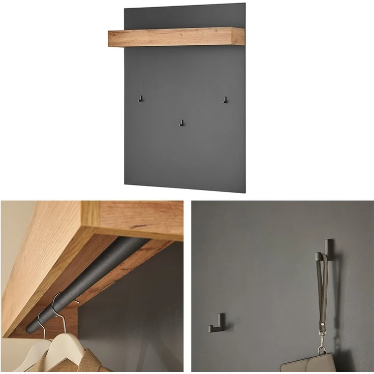 Lomadox Garderoben-Set CRISP-61, (Spar-Set, 4-St, Garderobenpaneel Schuhbank Spiegel Kommode), in anthrazit mit Wotan Eiche Nb, griffloses öffnen – Bild 3