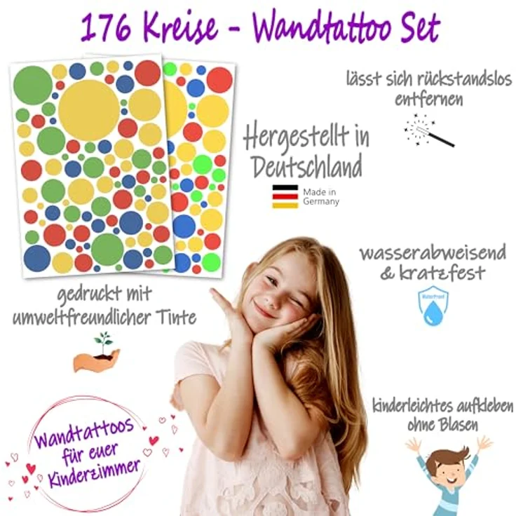 PUNALU Wandtattoo Kreis Set 176 Stück Wandtattoo Babyzimmer Kinderzimmer Kreisaufkleber, selbstklebend, rückstandslos abziehbar – Bild 8