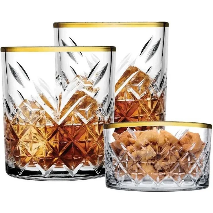 Pasabahce 96818 Timeless Golden Touch 3 teilig im Kristall-Design Retro Design - 2 Whisky Glas und 1 Kristall-Schale