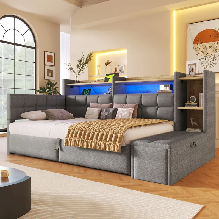 Tagesbett, Daybett, Schlafsofa, 90 × 200 cm, mit hydraulischer Lagerung, USB- und Typ-C-Anschlüssen, Ablagefach, Stauraumbank am Fußende, LED-Lichtleiste, Ohne Matratze, Velvet, Dunkelgrau – Bild 3