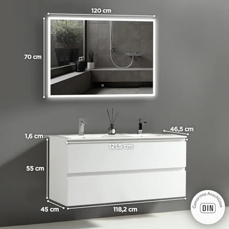 Alpenberger Badezimmer-Set Badezimmer Möbel Badschrank, (Badezimmer Spiegel mit Led, Keramik Waschbecken mit Überlauf), Doppelwaschtisch 120 cm Breit - Weiß Glänzend – Bild 3