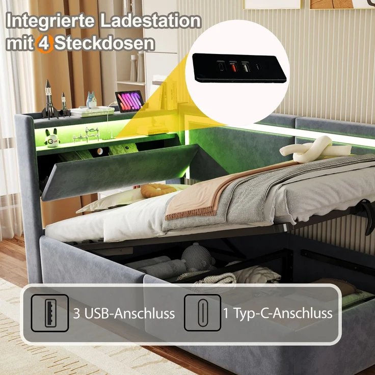 EINHOM Polsterbett Schlafsofa 90 x 200 cm, Samt, mit LED-Beleuchtung und USB-Ladeanschlüssen, Kopfteil Lässt Sich zum Verstauen Öffnen, Hydraulisches Stauraumsystem unter dem Bett, Grau, (Ohne Matratze) – Bild 5