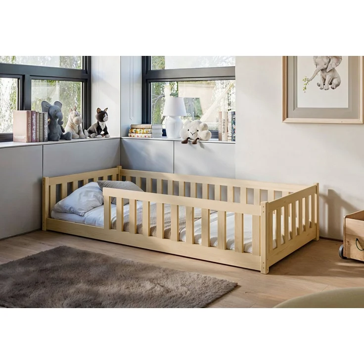 Kids Collective Kinderbett Bodenbett Bett mit Rausfallschutz & Lattenrost Montessori Bett Kinder (Jungen, Mädchen, Kinder, weitere Größen 90x200, 120x200, 140x200 cm), Jugendbett Einzelbett optional mit Matratze, natur Kiefer 80 x 160 cm – Bild 2
