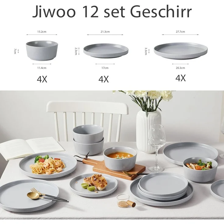 JIWOO Geschirr-Set 12tlg Kombiservice Teller-Set Tafelservice Schüssel-Set Speiseteller (12-tlg), 4 Personen, Keramik, Hochwertiges Geschirr set Grau Mikrowellen spülmaschinenfest – Bild 2
