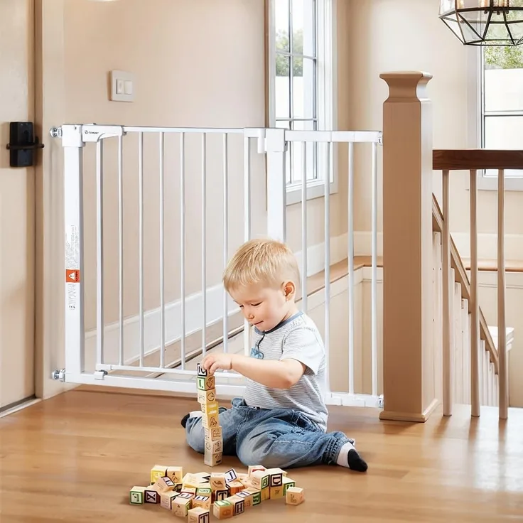 COMOMY 75-110cm Treppenschutzgitter Ohne Bohren, Türschutzgitter Auto Close, Türgitter für Baby, Kinder, Hund und Katze, Absperrgitter 90° Stop/ inkl. 3 Verlängerung (76cm Hoch, Weiß)
