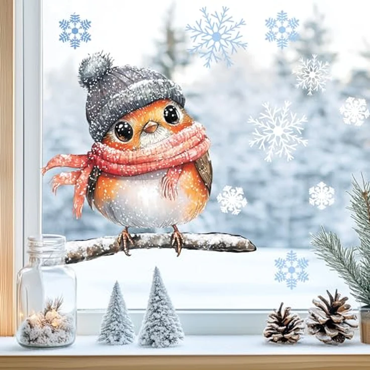 Sunnywall Fensterdekoration Kinderzimmer Fensterbild Winter Rotkehlchen Robin, wiederverwendbar, statisch haftend, beidseitiger Druck, nachhaltig – Bild 2