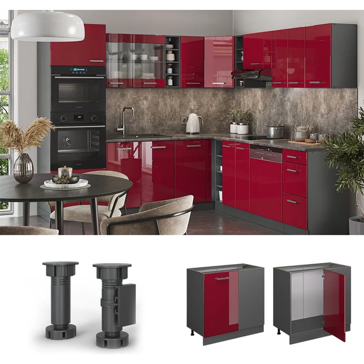 Eckunterschrank R-Line Rot Hochglanz 86 cm AP Marmor Vicco – Bild 2